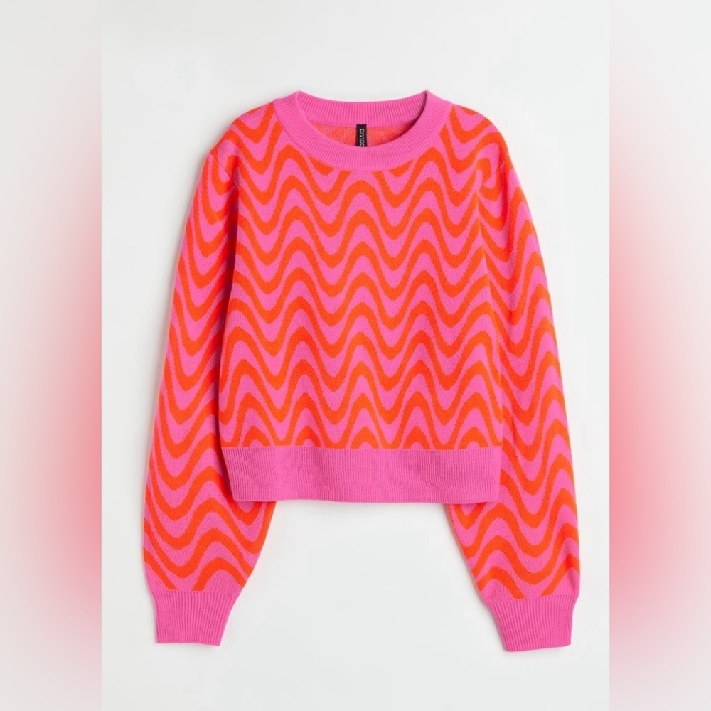 Divided Pink & Orange Wave-Pattern Crewneck Sweater